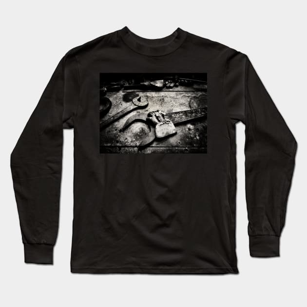 Industrial interior, old wrench and gloves, black and white Long Sleeve T-Shirt by Reinvention